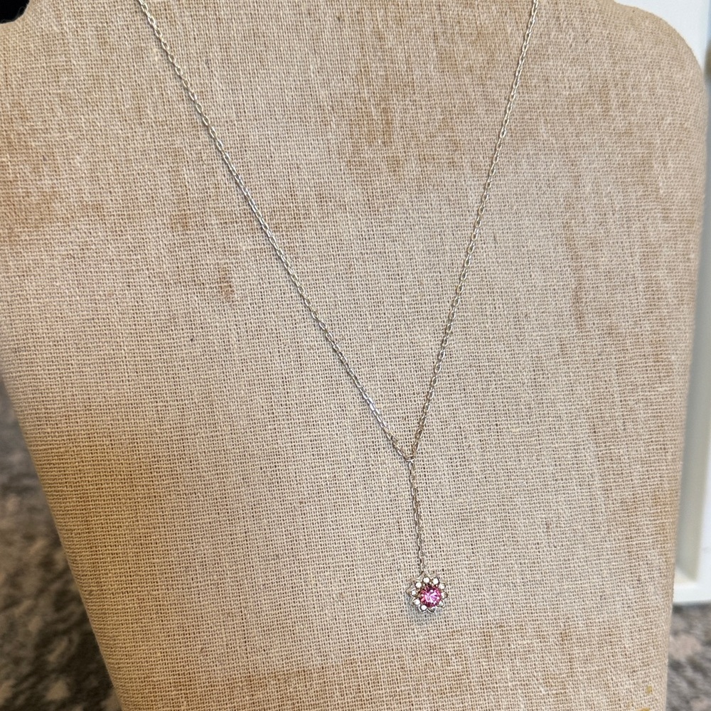 Silver Drop Necklace with Pink Crystal Flower Pendant